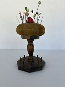 Antique Pin Cushion Strawberry Top And Wooden Sewing Spool Holders With Old Pins