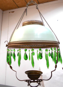 Antique Victorian Hanging Oil Lamp With Jadeite Green Shade Green Prisms