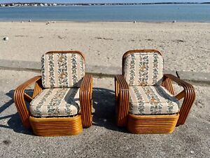 Pair Paul Frankl Godfather Pretzel Chairs 10 Strand Rattan Art Deco Boho Chic