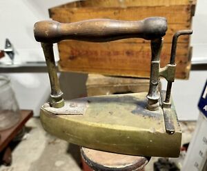 Rare Antique Brass Slug Box Sad Iron Flat Iron W Wooden Handle Primitive