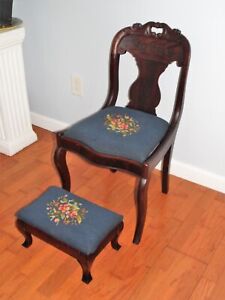 Antique 19th C American Empire Flame Mahogany Chair Needlepoint Footstool Set