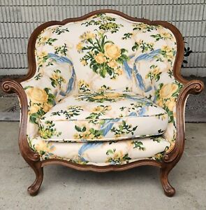 Vintage French Wood Louis Bergere Upholstered Armchair Can Ship