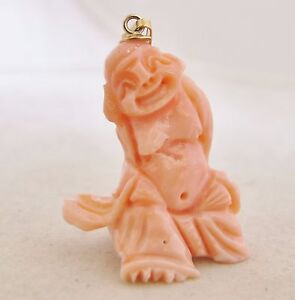1 45 Vintage 14k Gold Pendant With Chinese Pink Coral Hotei Buddha 6 8g 