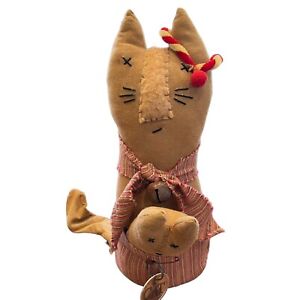 Primitive Folk Art Tan Cat And Kitten Embroidered Face Door Stopper Doll Ooak