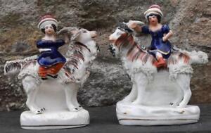 Near Pair Of Antique Staffordshire Girls Riding On Goats C 1820 
