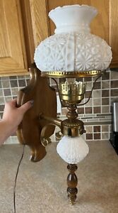 Vintage Mcm Wood Electric Lamp Wall Mount Sconce Milk Glass Hurricane D B Shade