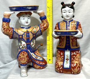 Matching Pair Red Blue Chinese Style Samurai And Woman With Dish Statue 12 