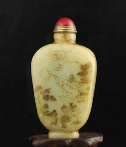 China Old Natural Hetian Jade Hand Carved Statue Flower Landscape Snuff Bottle V