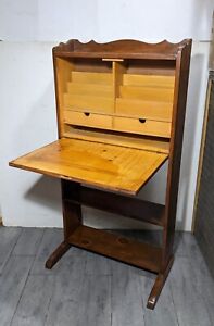 Vintage Antique Rustic Drop Front Solid Wood Secretary Writing Desk W Bookshelf