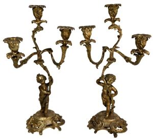 Pair Antique French Louis Xv Rococo Gilt Bronze Ormolu Cherub Putti Candelabra