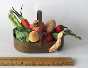 Sm Antique Brass Carrier With Vintage Miniature Fabric Vegetables Country Home