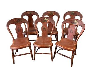 Salmon Red Painted Rare Balloon Back Lancaster County Plank Seat Chair Set Of 6