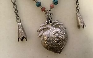 Vtg Chinese Silver Longevity Lock Pendant Necklace Turquoise Coral Beads Bells