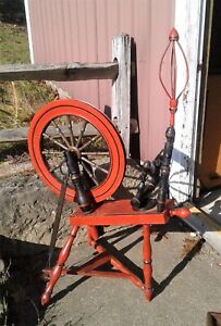 Antique Spinning Wheel Old Red And Black Paint 1800s Era