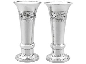 Antique George V Arts Crafts Style Sterling Silver Vases By Liberty Co Ltd