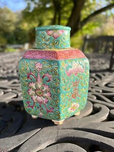 Antique Chinese Painted Porcelain Famille Signed Tea Caddy Jar Bat Floral Export