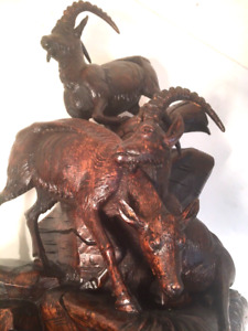 Antique Black Forest Wood Master Carved Swiss Alpine Ibex Goat Family Sculpture