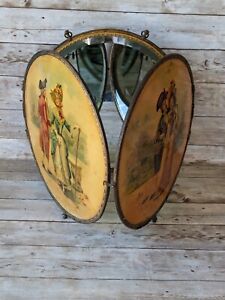 Antique Tri Fold Travel Vanity Shaving Hanging Mirror Celluloid Courting Scene