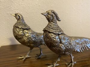 2 Silver Plated Pheasants Figures Ornaments Retro Decor Male Female Pair Metal