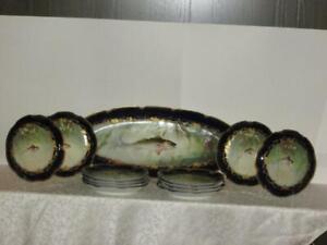 Spectacular Hand Painted Limoges 13 Pc Fish Set Blanchard Bros Artist Signed