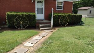 Two Metal Wagon Wheels 42 On Posts Can Spin See Description