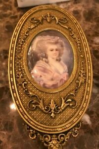 Antique French Dore Bronze Gilt Portrait Painting Under Glass Hairbrush Xlnt 