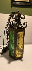 Vintage Mcm Swag Lamp Yellow Green Stained Glass Lantern Metal Curly Top