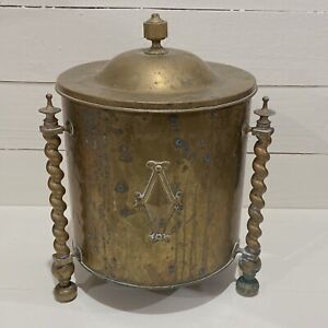 Antique Brass Coal Bin Hod English Ash Bucket Lid Barley Twist Fireplace Decor