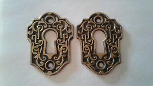 Antique Brass Eastlake Design Keyhole Covers Escutcheon Vintage Lot Of 2