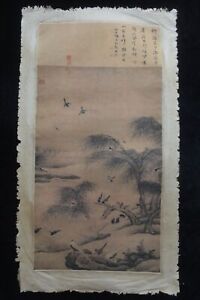Large Old Chinese Paper Painting Beautiful Trees And Birds Marks
