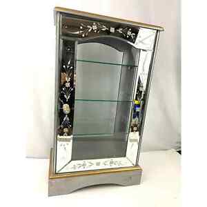 Vtg 3 Tier Glass Mirror Curio Cabinet Shelf 22 Tall Floral Design Display