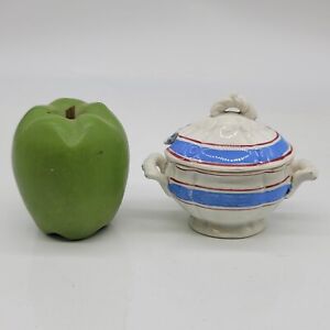 Childs Size Miniature Tureen Red Blue White Banded Decorated Ironstone C 1840