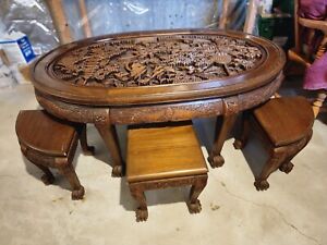 Antique Handcarved Japanese Tea Table W 6 Stools