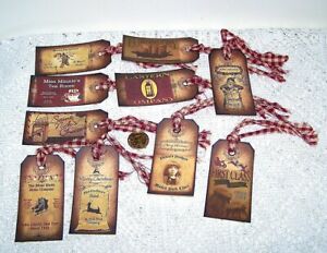 10 Christmas Old World Primitive Handmade Farmhouse Linen Cardstock Gift Tags