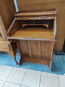 Antique Lebus English Furniture Oak Rolltop Davenport Desk Side Drawers Guc