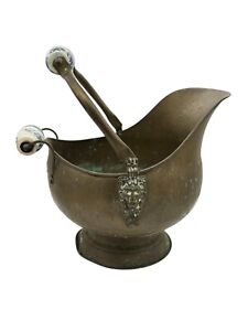 Antique Coal Scuttle Bucket Copper Brass Log Helmet Lion Head Ceramic Handles