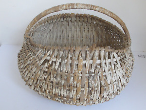 Antique Splint Bun Basket Old White Paint 12 3 4 X 14 C 1900 Or Earlier