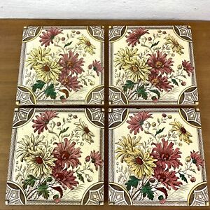 4x Antique Fireplace Tiles Floral