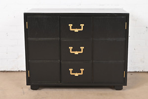 Henredon Mid Century Hollywood Regency Black Lacquered Campaign Chest