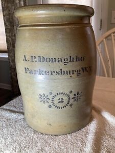 Ap Donaghho Parkersburg Wv 2 Gallon Salt Glazed Jar Stoneware Crock Cobalt Blue