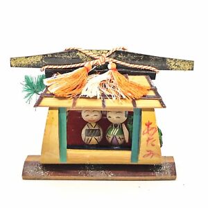 Japanese Kokeshi Wooden Doll Bamboo Carriage Palanquin Norimono Diorama Ornament