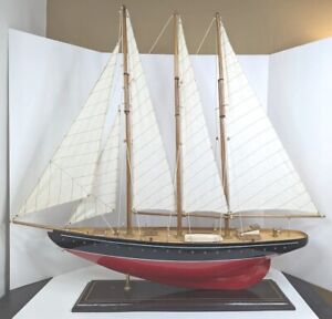 3 Mast Wooden Sailboat Large Model Blue Red Hull 31 X29 5 X6 5 Detailed W Base
