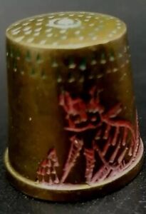 Thimble 1920 Foo Dogs Brass Trench Art Hand Carved Antique Ooak Red Enamel