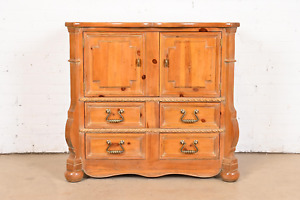 Henredon Spanish Baroque Carved Solid Pine Bar Cabinet Or Chest Of Drawers