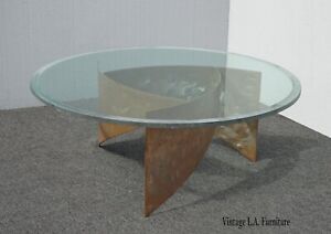 Vintage Abstract Sculptured Iron Coffee Table W Frosted Beveled Edge Thick Glass