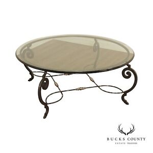 Tuscan Style 60 Inch Round Glass Top Wrought Iron Coffee Table