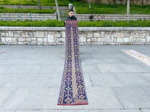 Tribal Vintage Boho Hand Knotted Oushak Wool Handmade Turkish Antique Runner Rug