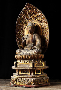 Japanese Antique Amida Nyorai Wooden Buddha Seated Statue Possibly 16th C
