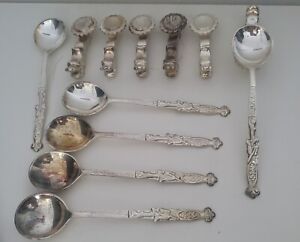 Vintage Asian Silver Set Of Large Serving Dragon Spoons And Spoon Rests