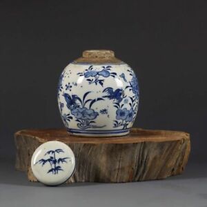 Chinese Blue And White Porcelain Jar Peony Flowers Birds Pot Tea Caddy 4 13 Inch